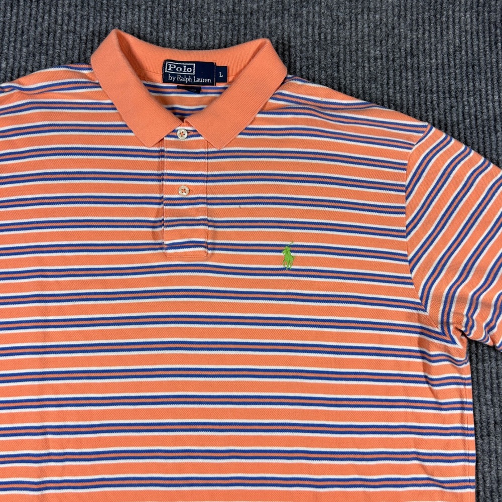 Polo Ralph Lauren Shirt Men's L Orange Striped Short Sleeve‎ Polo Preppy Easter